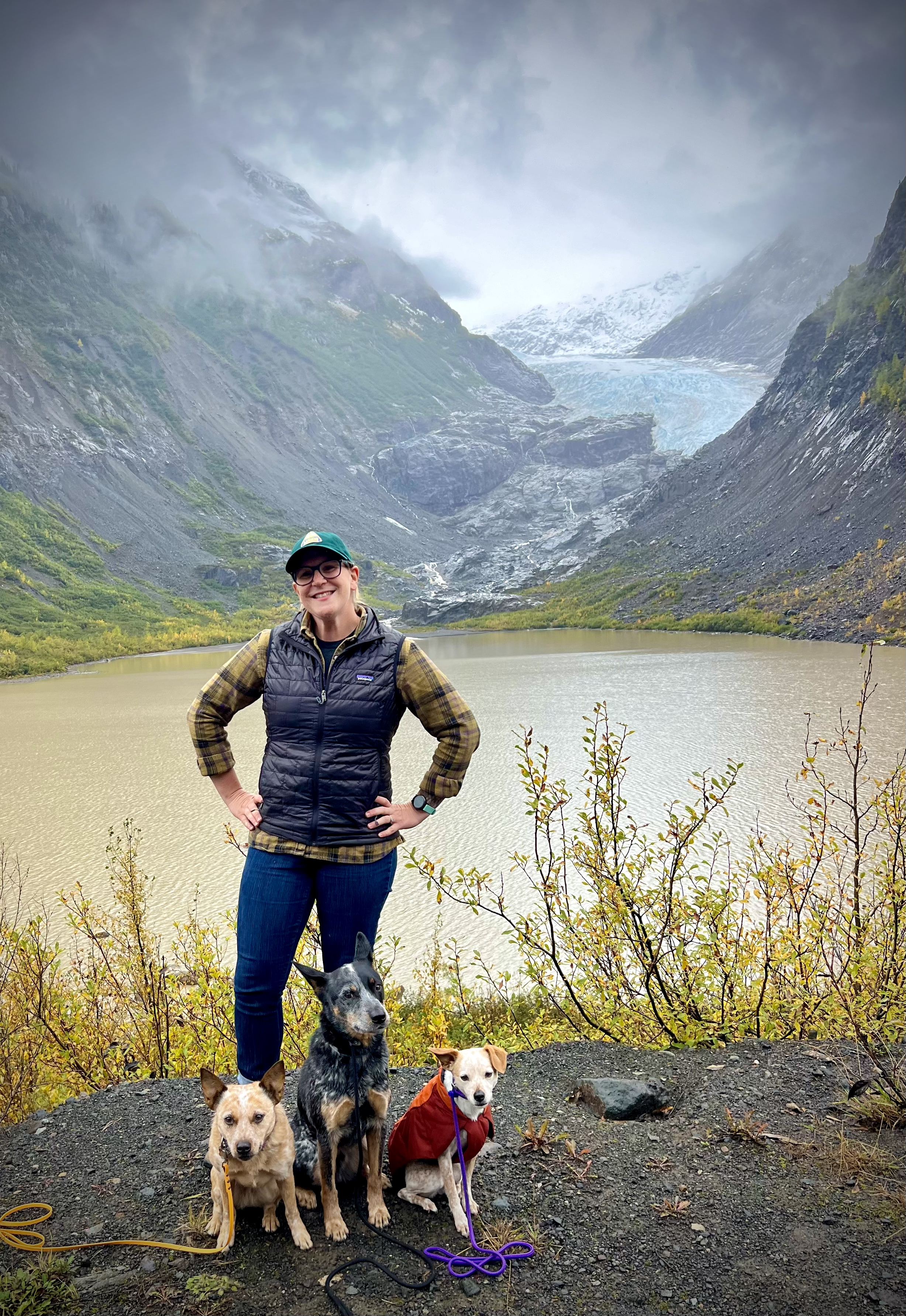 title Certified Canine Trainer & Behavior Specialist Abbie Leland on an adventure with her pack of herding dogs Rhubarb, Wren, and Norma